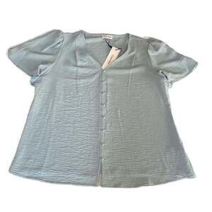 Calvin Klein Women's Light Blue Short Sleeve Crinkle Button Down Shirt Size XL